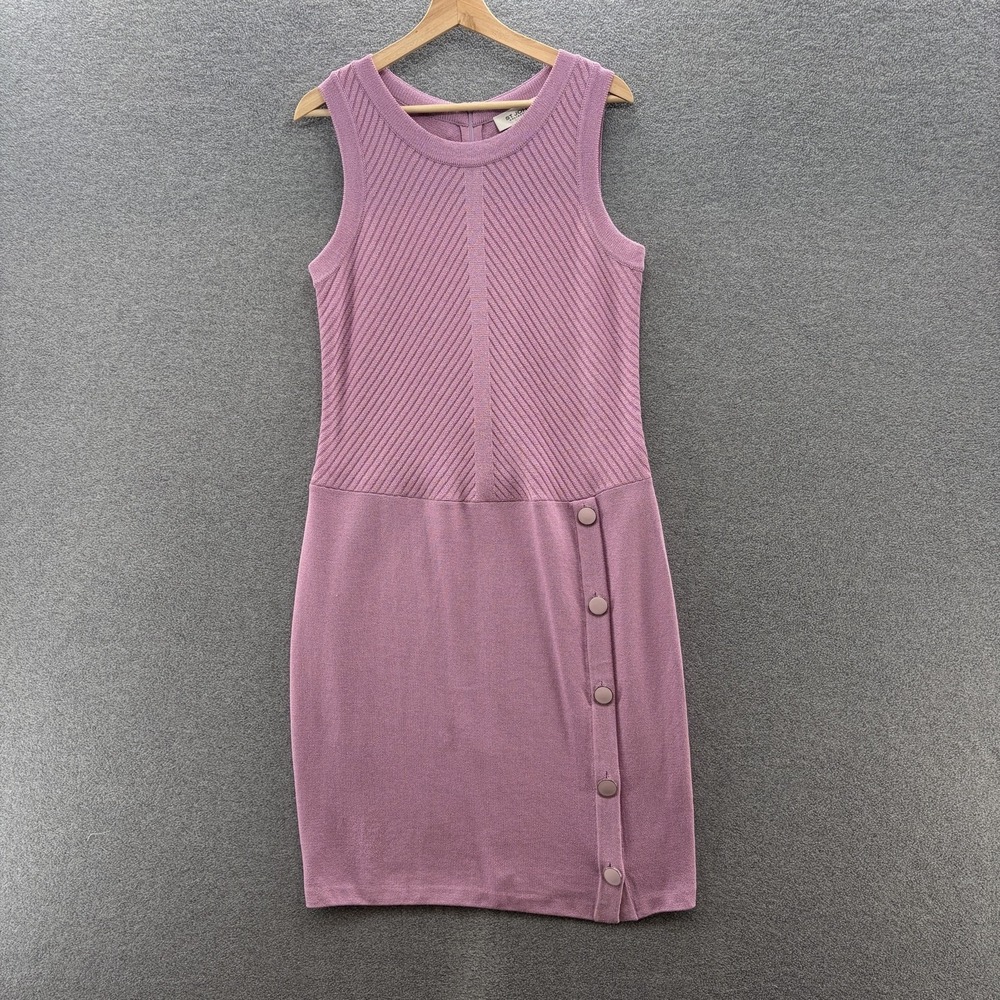 St John Collection Dress 10 Purple Santana Knit Sleeveless Drop Waist Button Mid